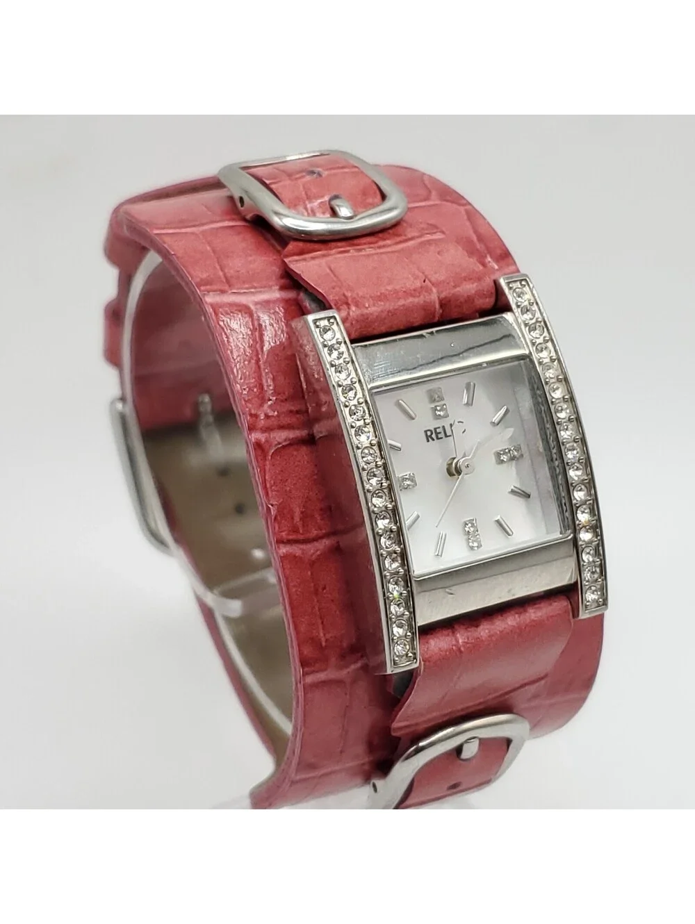 Relic Quartz Watch Women Square 22mm Rhinestones MOP Dial New Battery